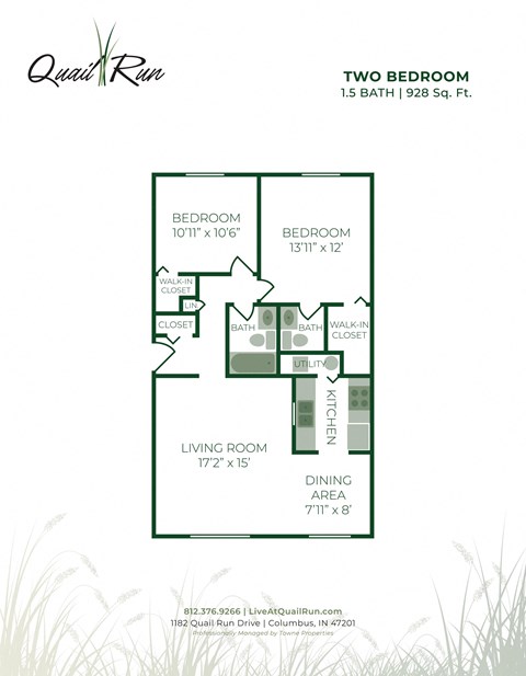 A floor plan for a two bedroom apartment sized 1,5 bath and 928 sq. ft.